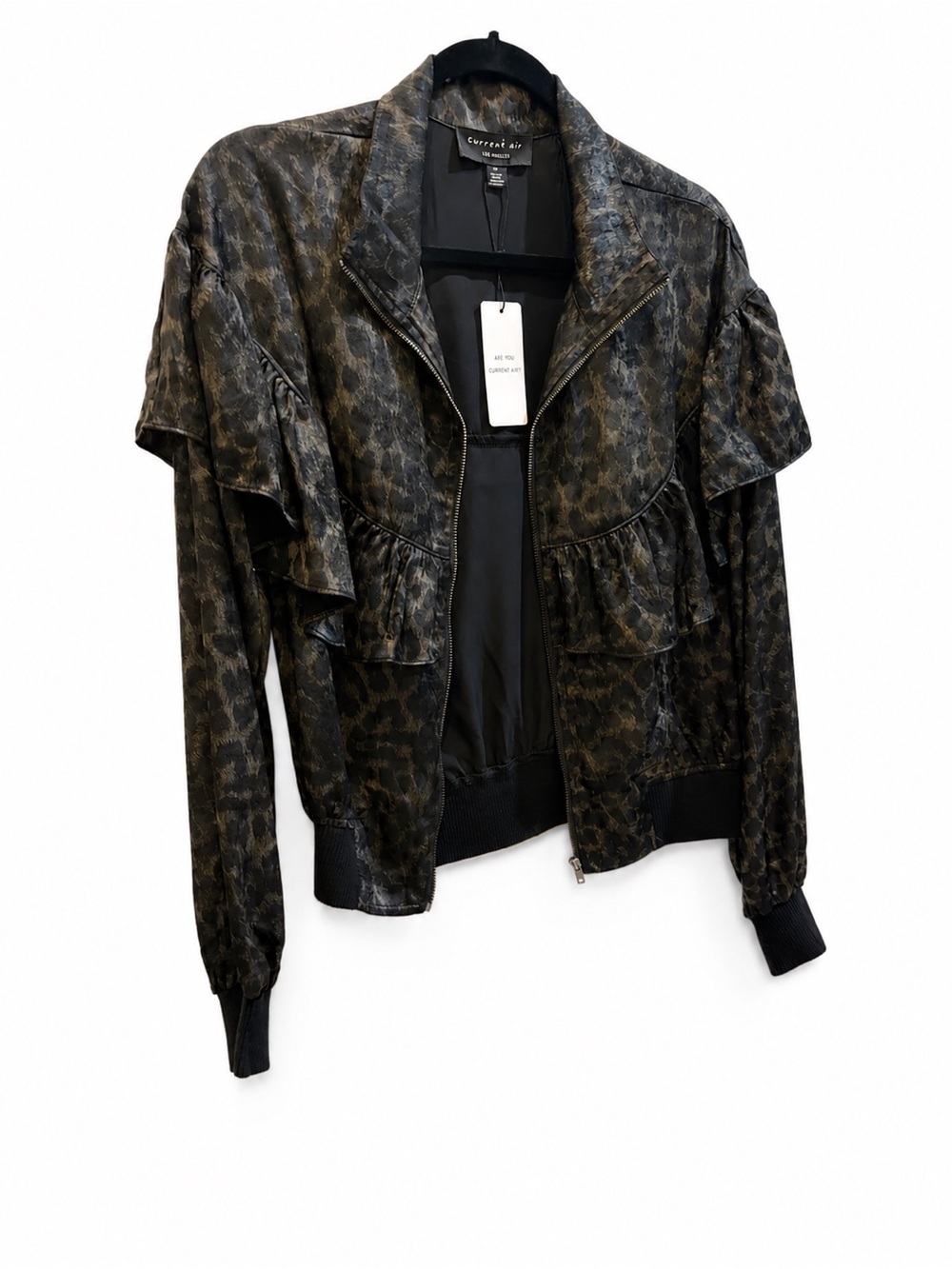 Current Air Black Metallic Ruffle Bomber Jacket with Subtle Animal Print